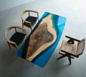 Set Tavolo da Pranzo di Lusso in Resina Epossidica Design <span class=keywords><strong>Oceano</strong></span> <span class=keywords><strong>Blu</strong></span> Combinato con Lastra di Noce per Sala da Pranzo 10*3 Piedi - Product Image 6