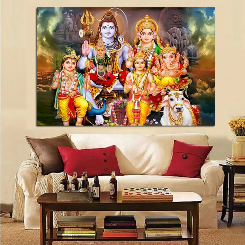 Shiva Parvati Ganesha Indiano Arte Indù Dio Figura Poster E Stampe Immagine Della Parete della Tela di Canapa Pittura Religioso