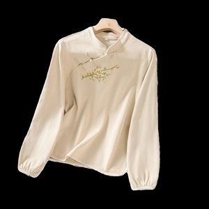 Chinese Style Shirt Women Autumn Long Sleeve Embroidered Frog Button Top Apricot Lemon Yellow Cotton Traditional Chinese - Product Image 4