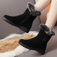 Bottes d'hiver chaudes pour femmes, mi-mollet, avec fermeture éclair latérale, en cuir de vachette pleine fleur mat, semelle extérieure antidérapante en caoutchouc, doublure en peluche