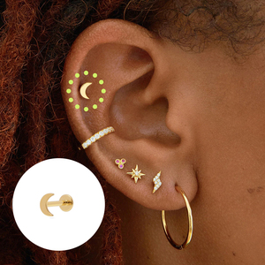 Pendientes de botón de plata de ley S925 con diseño de luna brillante, 18G, parte trasera plana, sin rosca, de presión - Product Image 4