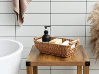 Panier de Rangement Circulaire en Corde de Papier Tressé à la Main, Petit Panier avec Poignée en Bois