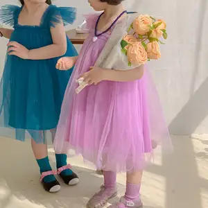 Butik yürümeye başlayan kız elbise tül çarpıntı kollu çocuk elbise toptan Toddler partisi elbise 1-6 yıl çocuklar yaz Tutu frocks