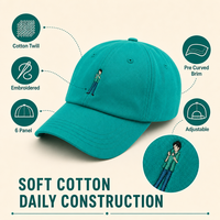 Casquette de baseball vert sarcelle avec broderie de personnage de dessin animé, ajustable, unisexe, en coton, vente en gros, OEM, livraison rapide