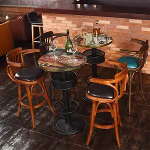 木制餐厅柜台高度，带酒吧凳高圆形酒吧桌鸡尾酒吧椅和桌套装