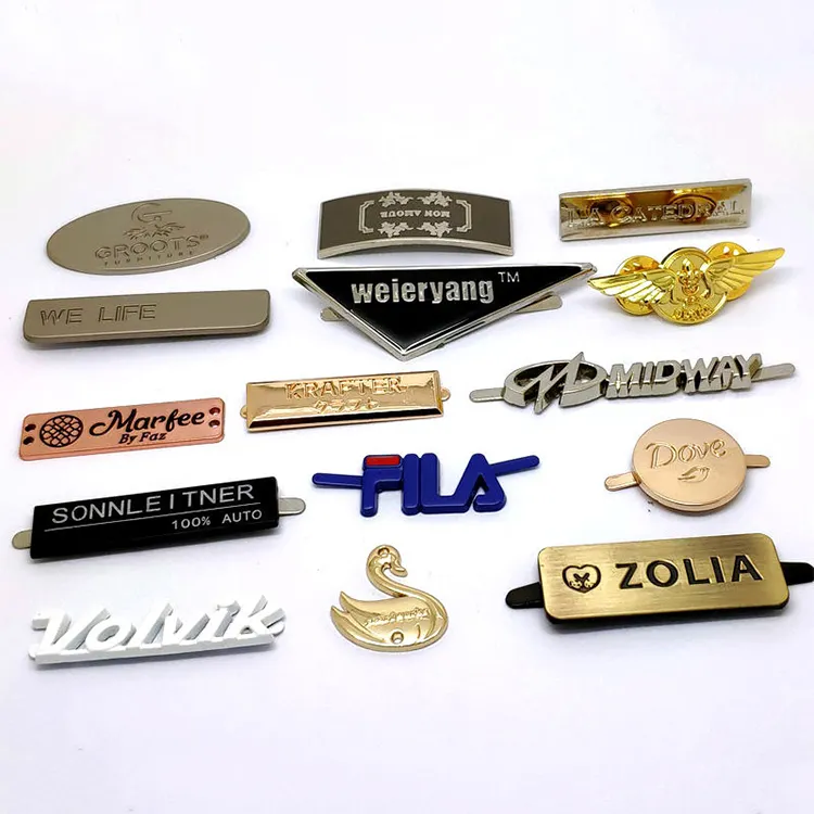 Étiquettes décoratives en métal pour vêtements, 100 pièces, nouveau design personnalisé, logo de marque en métal pour sac