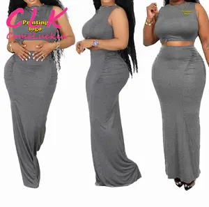 Logo personnalisé 2024 Sexy Crop Dress Set Sans manches Débardeur Étage Longueur Maxi Jupe Coton Doux Femmes Robe Deux Pièces Ensemble