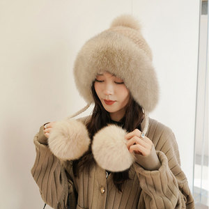 Chapeau d'aviateur tricoté en vison chaud d'hiver pour femmes avec protection des oreilles véritable boule <span class=keywords><strong>de</strong></span> fourrure <span class=keywords><strong>de</strong></span> renard chapeau <span class=keywords><strong>de</strong></span> <span class=keywords><strong>neige</strong></span> nouveau Style pour les fêtes - Product Image 4