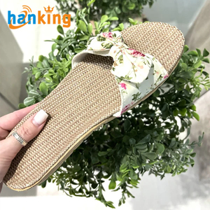 Ehanking Pantoufles en lin élégantes et confortables pour femmes Pantoufles en lin décontractées légères avec nœud papillon et imprimé floral Sandales - Product Image 5