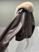 Manteau d'hiver court et chaud pour femme avec col en fourrure de renard, en cuir d'agneau véritable marron, style motard