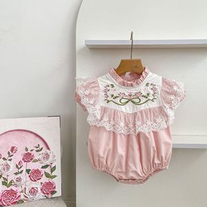 Combinaison pour <span class=keywords><strong>bébé</strong></span> fille d'été, broderie florale rose, dentelle, volants, coton, body pour nouveau-né, style princesse, tenue une pièce - Product Image 2