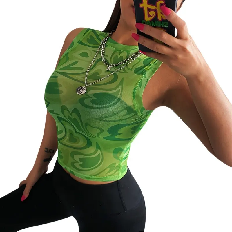 See Through Graphic t shirts Mesh Top Y2k Camisole Sleeveless Women's Tank Tops