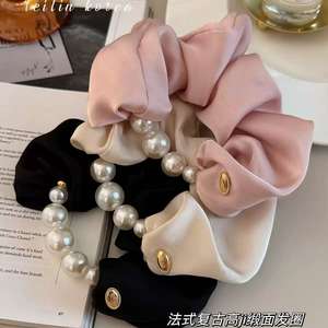 Crema per capelli in raso coreano blu scuro con bordo perlato crasso Design dolce coda di cavallo bassa sensazione di elastico da viaggio - Product Image 6