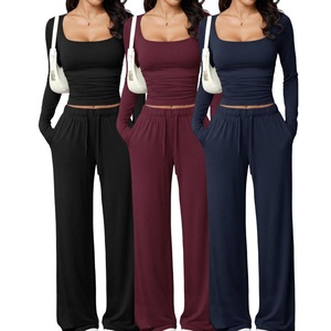 Sweethoney OEM Women's Casual Trousers <strong>Set</strong> <strong>Square</strong> Neck Long-Sleeved Short Top <strong>Set</strong> Breathable Modal Women's Sportswear <strong>Set</strong> - Product Image 3
