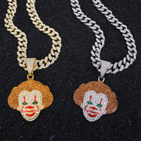 Collier pendentif clown en alliage avec chaîne cubaine, pavé de zircone cubique, style hip-hop glacé, bijoux de mode urbaine pour hommes, vente en gros