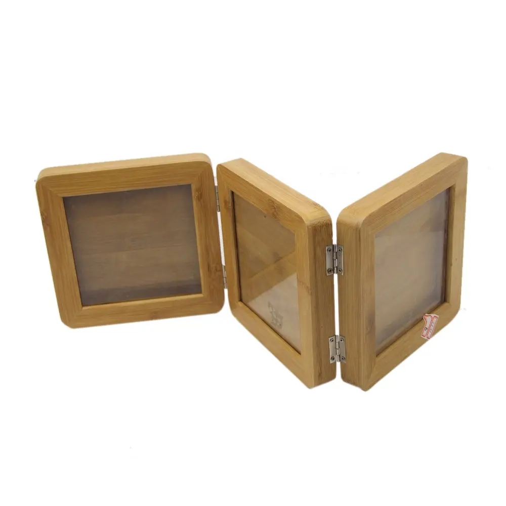 Marcos de fotos plegables con 3 bisagras, marcos de foto de bambú con marco de vidrio Real frontal