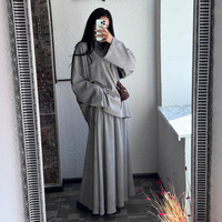 Ensemble coordonné modeste personnalisé pour femme : Blouse oversize à col mandarin et demi-boutonnage, manches larges, jupe longue, 2 pièces