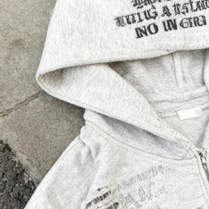 Sudadera con capucha personalizada de algodón de 500 g/m² con estampado, lavado a la piedra, cuello en V, estilo vintage, lavado ácido, efecto desgastado, con cremallera, conjunto de sudadera. - Product Image 2