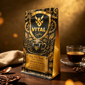 Bolsa resellable con cierre zip y estampado dorado personalizado en lámina mate para envasar y almacenar granos de café, té, nueces y alimentos. - Product Image 1