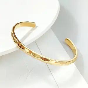 Fashion Jewellery Minimalist Rhombus Pattern C Shape Bracelets Stainless Steel 18K Gold Plated Adjustable Open Cuff Bangles