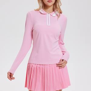 לוגו מותאם אישית חצי zip חולצת כושר ספורט שרוול ארוך פולו גולף באיכות גבוהה טניס שרוול פולו חולצה מלאה לנשים - Product Image 5