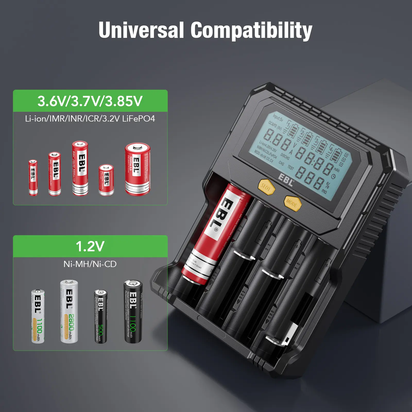 EBL 18650 chargeur de Test de batterie au Lithium AA intelligent Mobile pour batteries rechargeables 3.6V 3.7V Li-ion 3.2V LiFePO4 1.2V Ni-MH