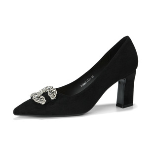 Escarpins noirs en daim à bout pointu avec décoration en strass, talon bloc, chaussures de bureau, taille 35 - Product Image 4