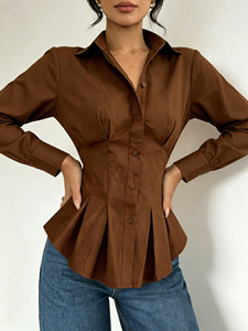 Blusa Casual de Mujer con Solapa, Volantes, Manga Larga, Cintura Fruncida y Plisada, Ajuste Delgado - Product Image 4