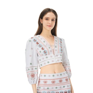 Embroidery Floral Butterfly V Neck Long Sleeve Cotton <b>Linen</b> Boho Smocking Women's Summer <b>Sets</b> Elegant Whole Design Lady <b>Set</b> - Product Image 3