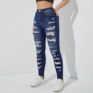Jeans Ajustados de Cintura Alta Estilo Europeo Americano para Mujer, Mezclilla Transpirable, Casuales, Rectos, Desgastados, Elásticos - Product Image 2
