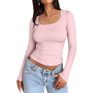 Women's Pink <b>Long</b> <b>Sleeve</b> <b>Crop</b> <b>Top</b> Scoop Neck Slim Fit Ruched Knitted Breathable Solid Color T-Shirt Spring Summer Style - Product Image 1