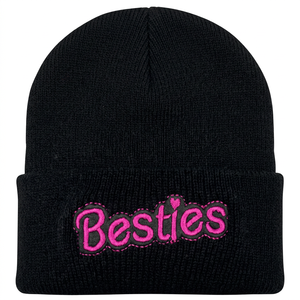 หมวกบีนนี่สีดำปักลาย Besties สีชมพู ดีไซน์ตัวอักษรน่ารัก หมวกฤดูหนาวแบบลำลอง - Product Image 1