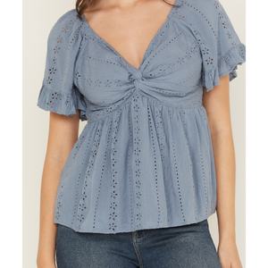 Nueva Llegada, Precio Bajo, Blusa Casual con Aberturas, Camisa Simple con Mangas Cortas Abullonadas y Cuello en V, Blusas de Algodón para Mujer, OOTD - Product Image 3