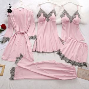 Conjunto de Pijamas Personalizados de Alta Qualidade com 5 Peças para Mulheres, Conjunto de Roupas de Dormir em Seda Satinada - Product Image 1