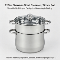 Ensemble de casseroles en acier inoxydable à 2 niveaux, cuiseur vapeur avec couvercle en verre, compatible induction, passe au lave-vaisselle, écologique, capacité de 4 à 14 L