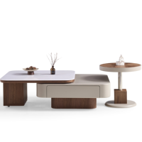 Table basse de luxe moderne avec plateau en pierre microcristalline Luna Silver Vein, placage bois et finition laquée