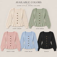 Cardigan en maille personnalisé pour femme, col carré, ourlet peplum, boutonné, manches bouffantes, coupe ajustée, pour le quotidien