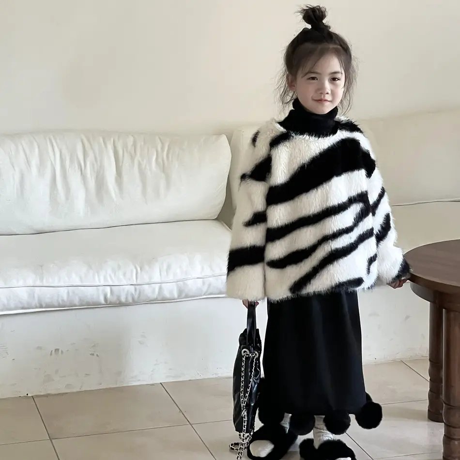 2023 nouveau hiver enfant en bas âge enfant fille pull zèbre fourrure épaissir manteau 2-7 ans