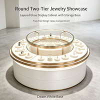 Vitrine de présentation de bijoux ronde à deux niveaux, rotative, en verre, avec tiroir de rangement
