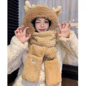 Winter Letters Antlers Jacquard Warm Hat Long Ear Protection Plush <span class=keywords><strong>Gloves</strong></span> Scarf Set Imitation Rabbit Fur Windproof Thickened - Product Image 2