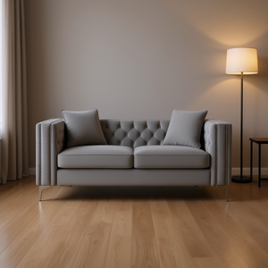 Lorreto Gray Velvet Loveseat 63 Inch Tufted Chesterfield Style <b>Living</b> <b>Room</b> <b>Sofa</b> Two Seat Metal Legs - Product Image 2