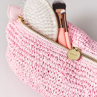 Pochette rose en crochet en raphia, trousse de maquillage personnalisée, mini pochette de voyage faite à la main avec fermeture éclair pour pinceaux, rouges à lèvres, peignes à cheveux et rangement