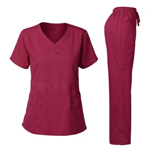 Women <b>Scrub</b> Set Wine Red V-Neck Top And Pants Moisture Wicking Hospital Uniforms For Medical Staff - Product Image 5