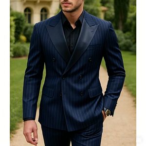 Traje de Hombre de Lujo Negro a Rayas, Doble Botonadura, Corte Entallado, Blazer Italiano, Pantalones Elegantes, Estilo Británico, Casual de Negocios, Retro, Tipo Tuxedo - Product Image 4