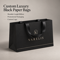Sacs shopping en papier noir de luxe personnalisés avec poignées en ruban longues pour l'emballage promotionnel de détail, commandes en gros