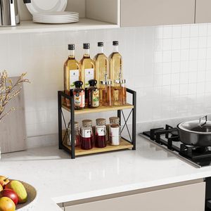 Étagère double couche en fer forgé, bibliothèque en bois et métal, support de rangement pour la maison et le bureau, type sur pied à 2 niveaux, design durable - Product Image 3