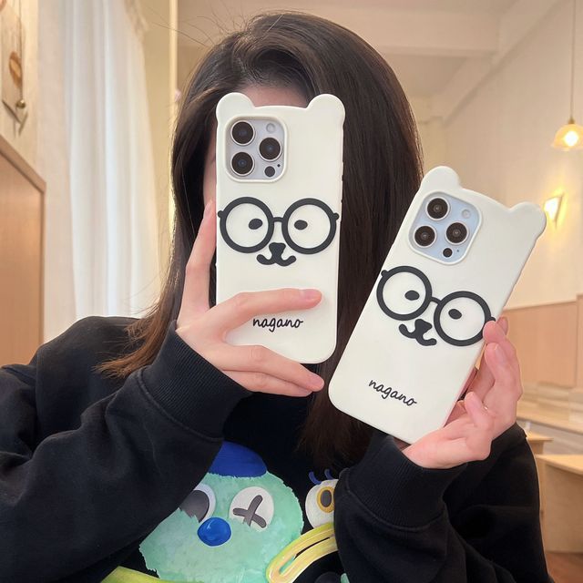 Cute Glasses Bear Cartoon Design Phone Case for 13 14 15 16 Pro Max Real Silicone Shockproof Protective Cover