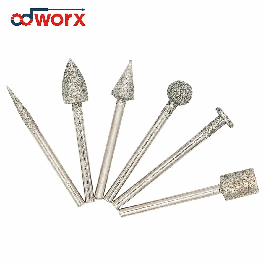 ODWORX 6PCS Diamond Grinding Burr Needle Point Engraving Carving Polishing Glass Jade Stone Drill Bit Rotary Tool Set