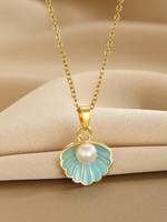 Collier tendance avec pendentif géométrique en coquillage festonné, chaîne à maillons dorés, breloque en émail et fausse perle, réglable, bijou marin, cadeau pour femme