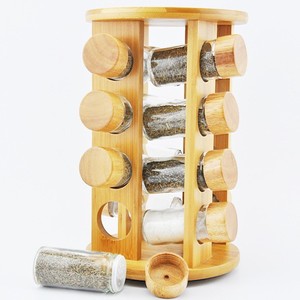 Bamboo <b>Spice</b> <b>Rack</b> With Glass Bottles <b>Rotatable</b> Moisture Proof Wooden Lid Storage Organizer For Kitchen Seasoning - Product Image 1
